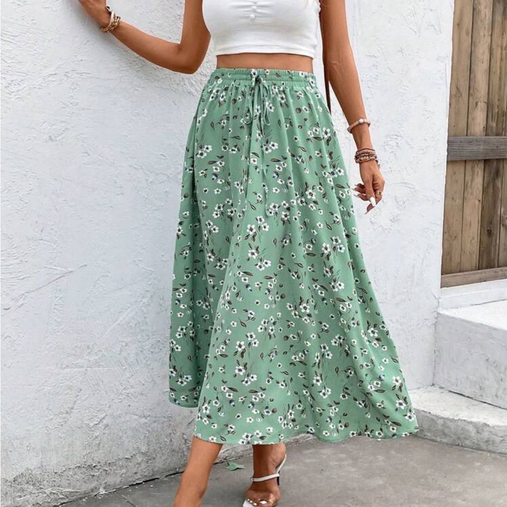 Sage Green White Ditsy Floral Skirt S